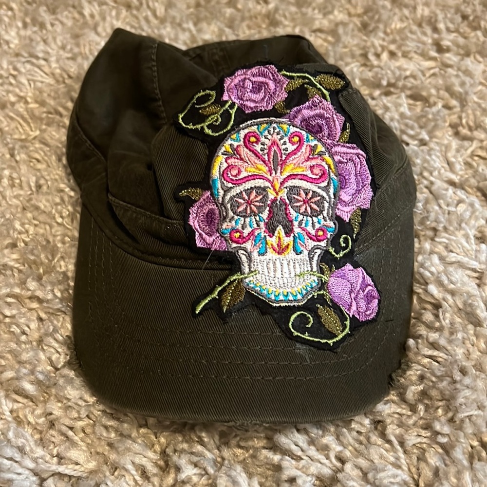 Army green paperboy hat with Dia De Los Muertos skull and flowers
